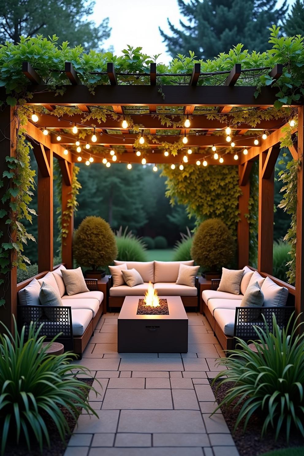 Outdoor seating area with string lights and a fire pit