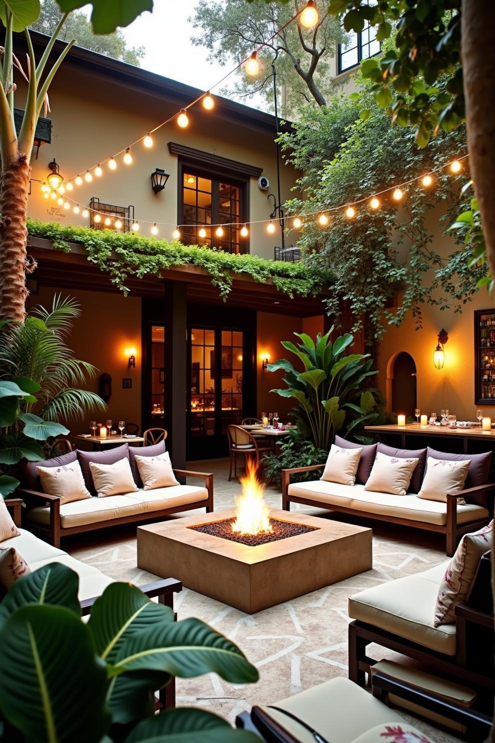 Cozy courtyard with fire pit and string lights