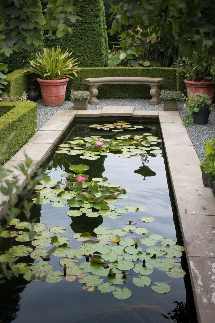 Rectangular koi pond with lily pads and a stone bench