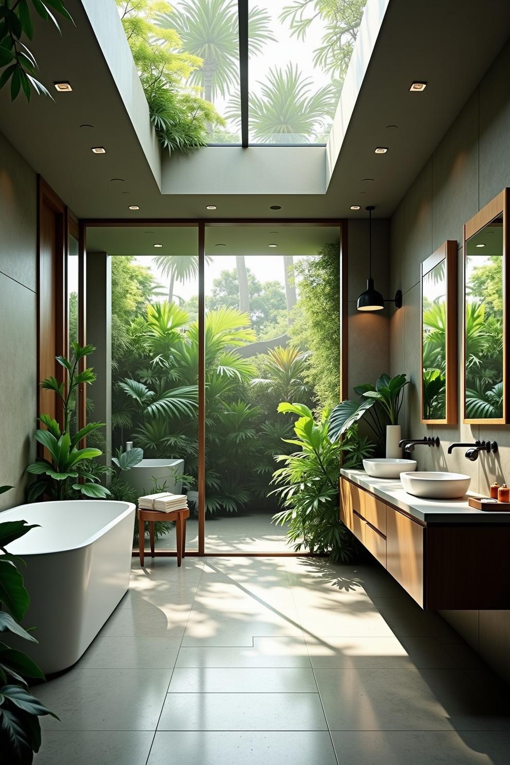 Lush greenery graces the modern bathroom view