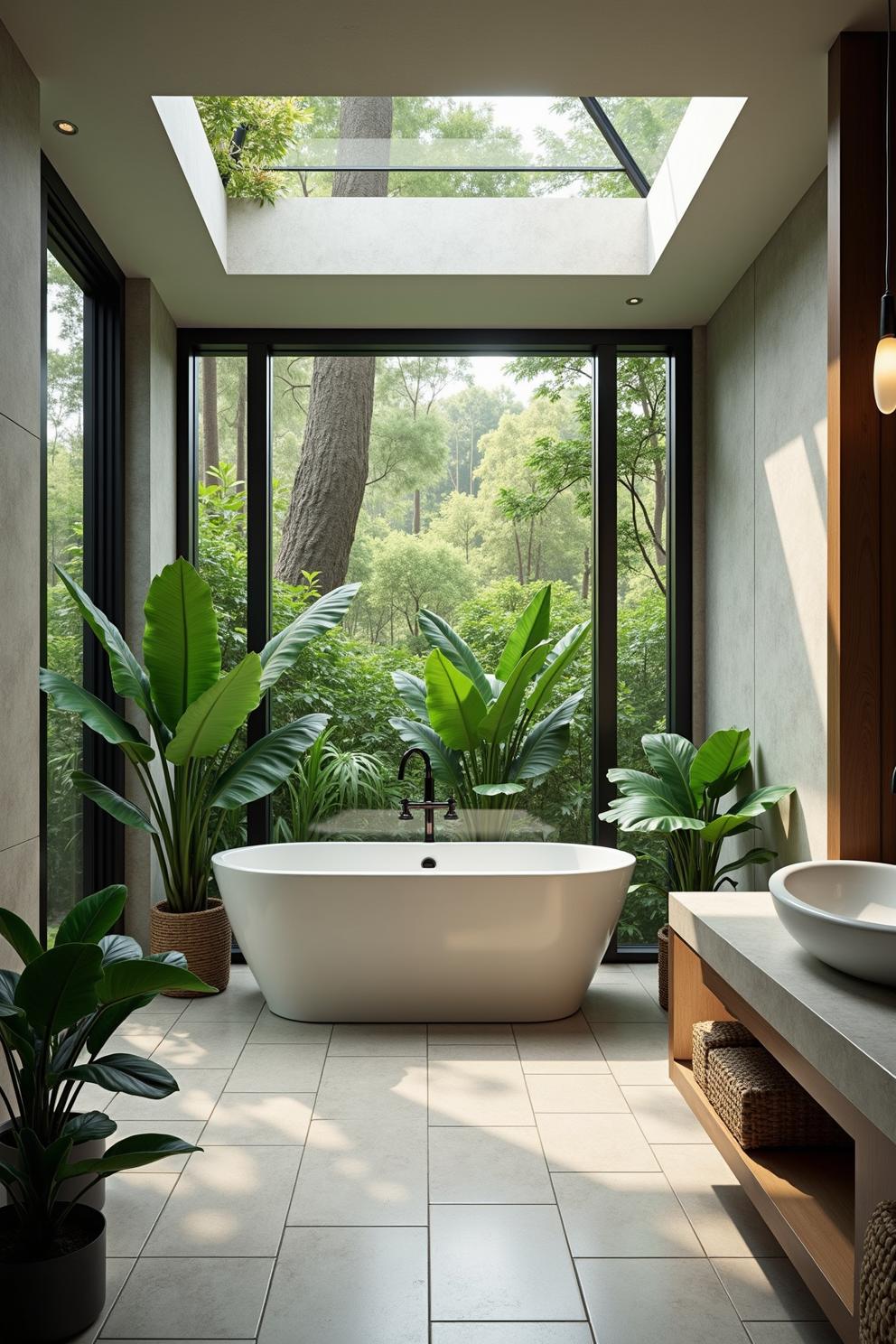 Bathtub with a lush outdoor view