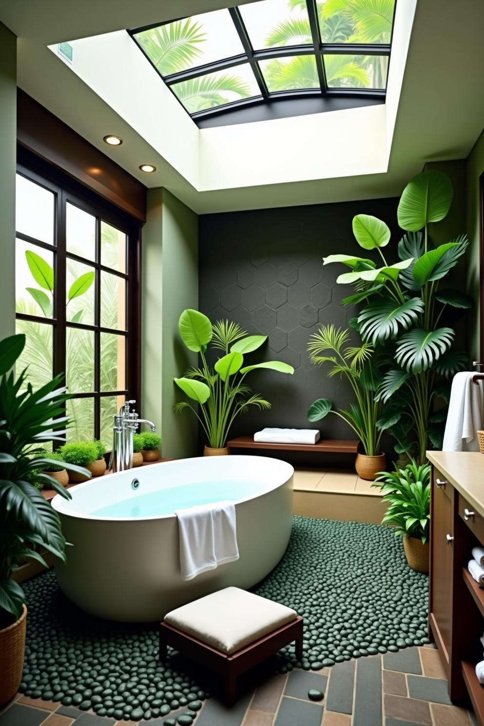 Modern bathroom with skylight and lush green plants