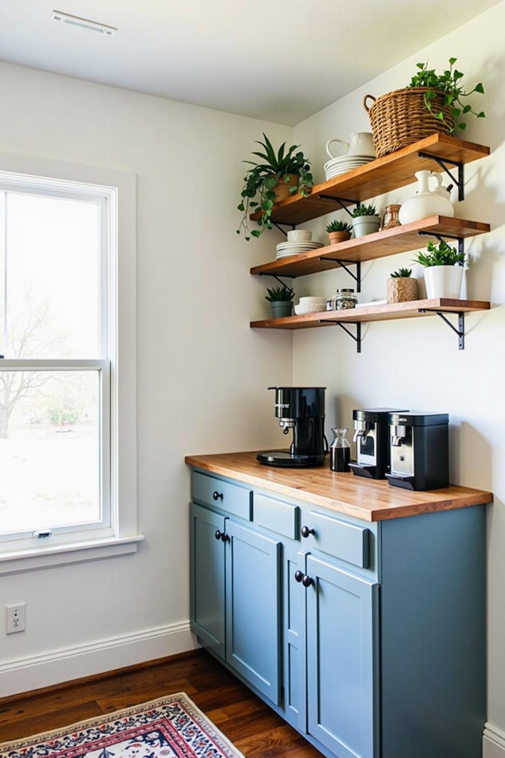 Compact coffee station with a wooden counter and shelves filled with potted plants and cups