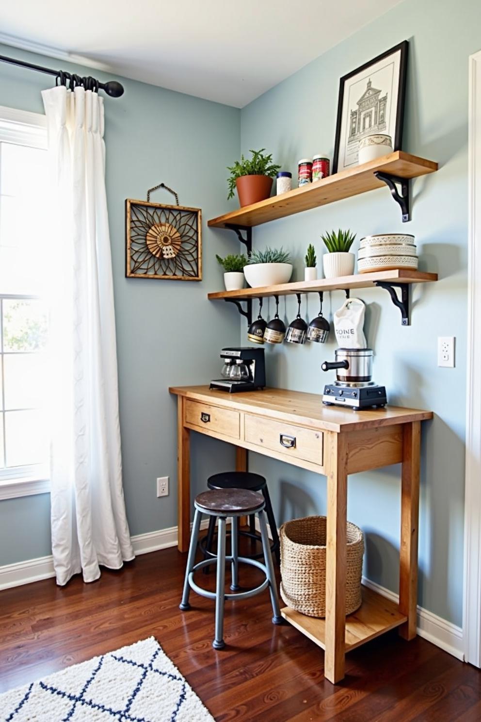 Cozy corner coffee station with wooden shelves