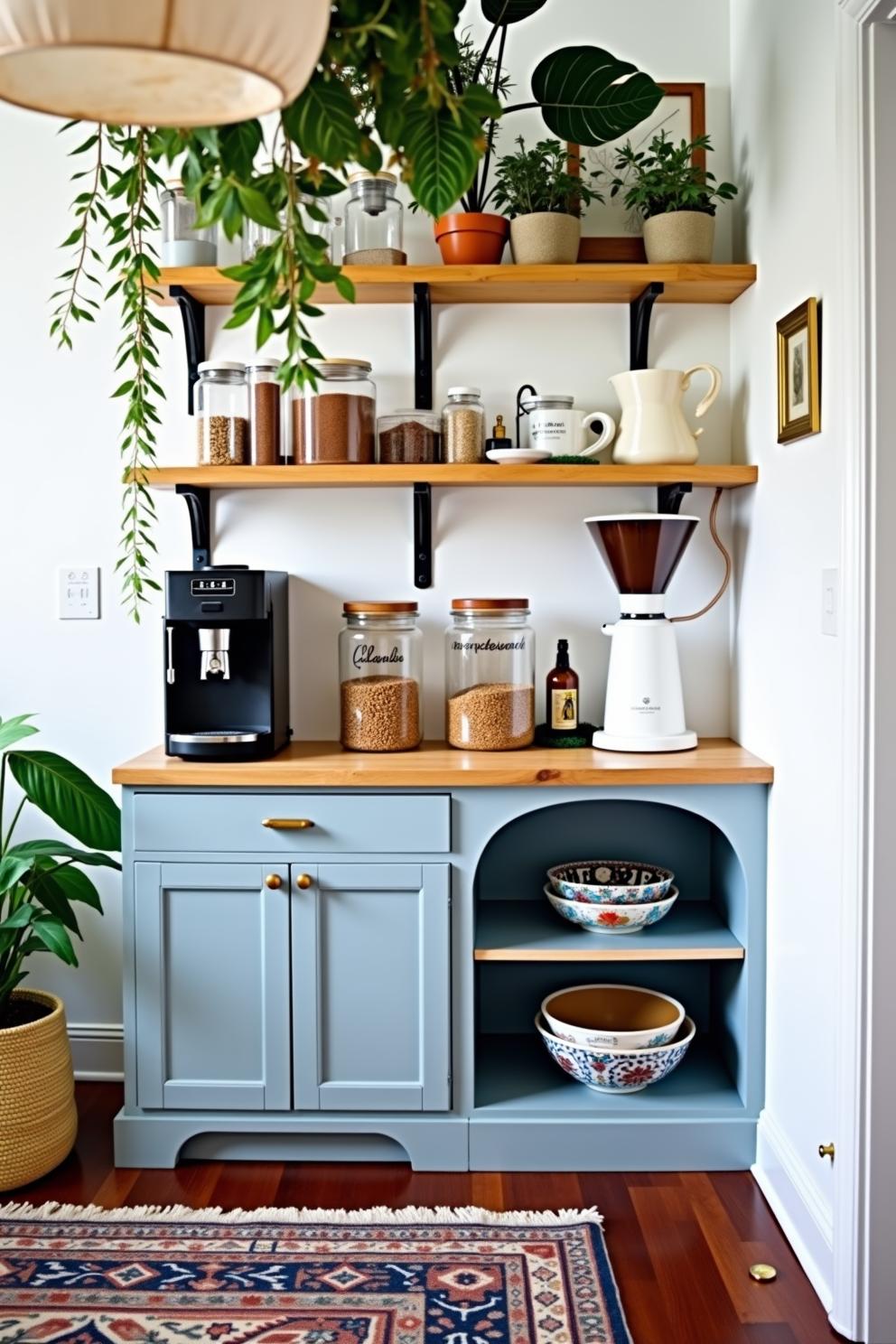 Compact coffee station with plants and mugs