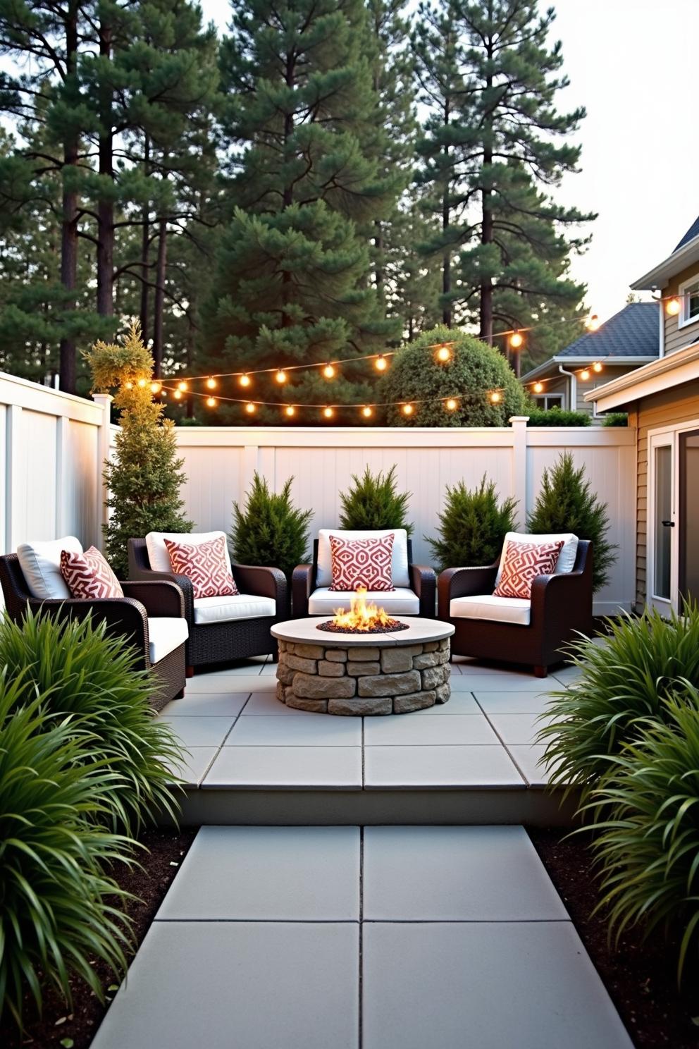 Outdoor lounge with string lights and a central fire pit