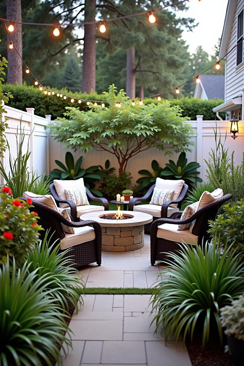 Outdoor seating around a fire pit with string lights and lush greenery