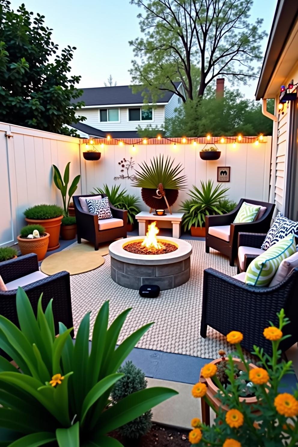 Cozy patio setting with chairs around a fire pit and string lights