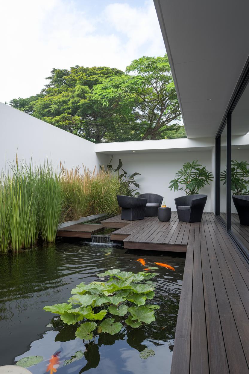 Outdoor seating area overlooking a koi pond with greenery