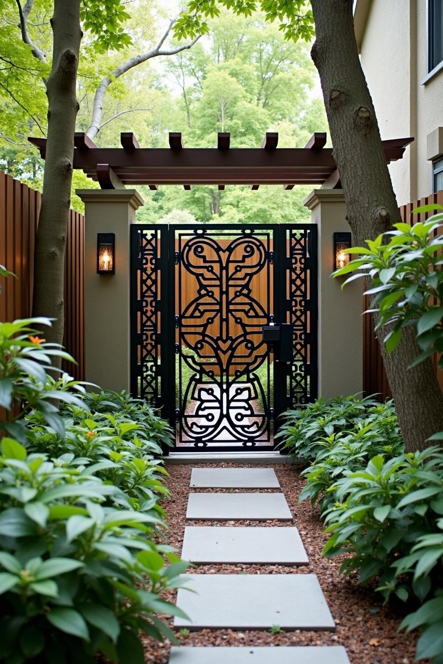 Elaborate black iron gate framed by lush greenery