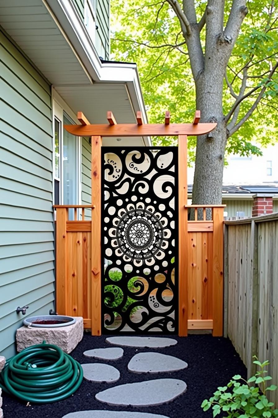 Ornamental gate with swirling patterns under a wooden arch