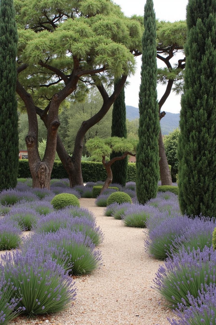 Lush garden with lavender and towering trees