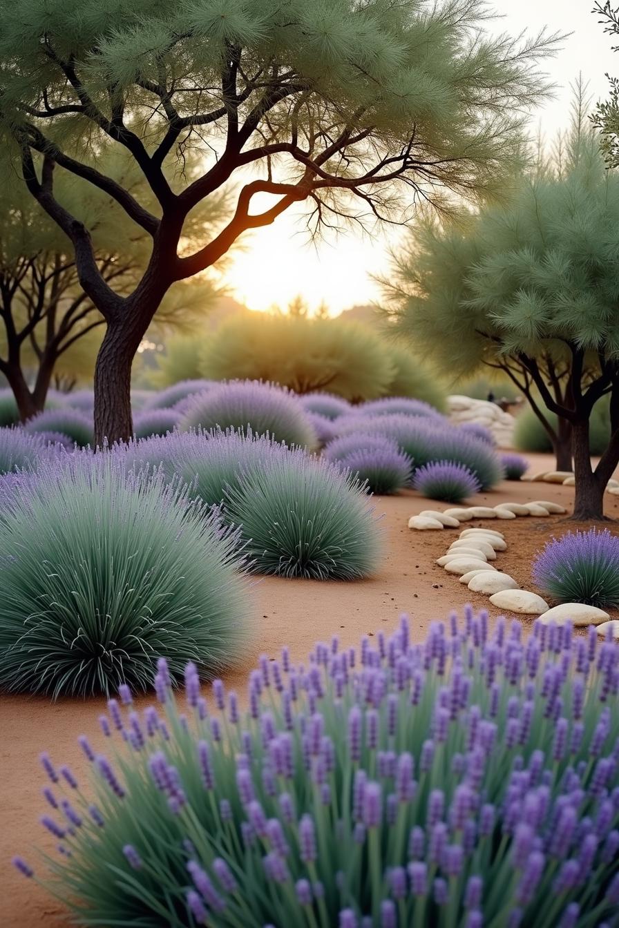 Colors of sunset fall over a garden with lavender and trees