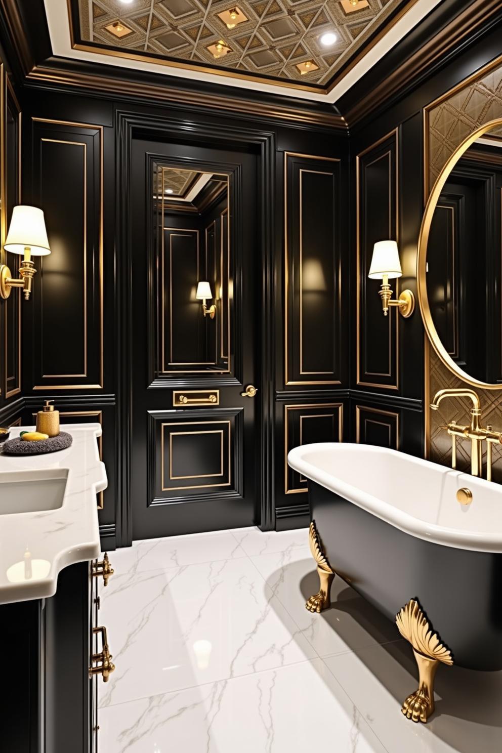 Luxurious black and gold bathroom with a freestanding tub