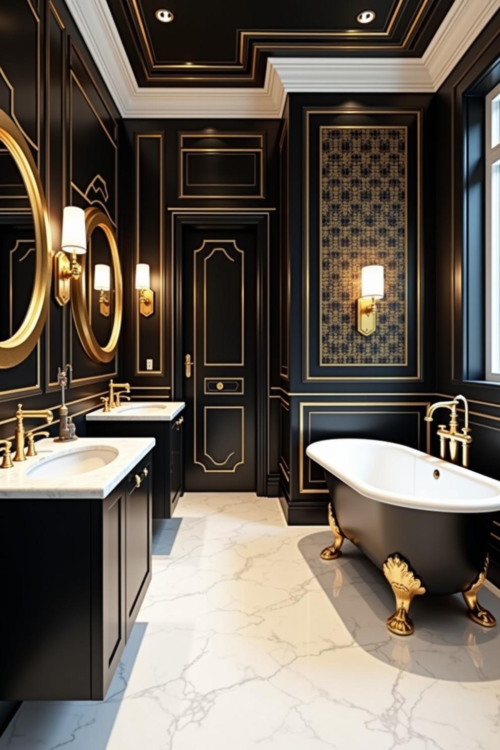 Luxurious black and gold bathroom with clawfoot tub and double sinks