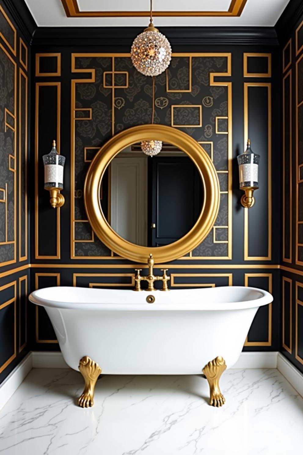 Luxurious black and gold bathroom with a clawfoot tub and ornate lighting