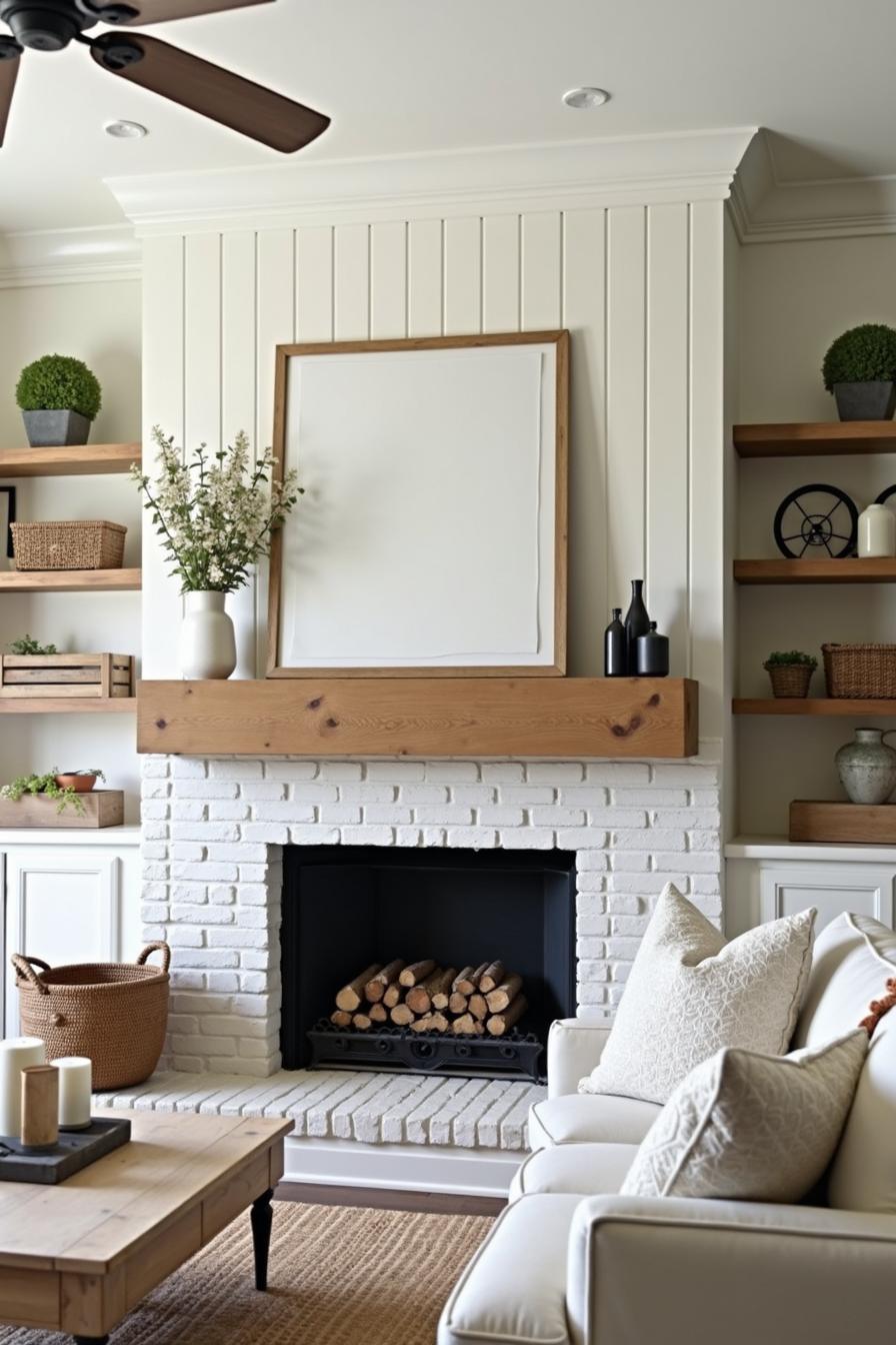 White brick farmhouse fireplace with wooden mantel and cozy decor