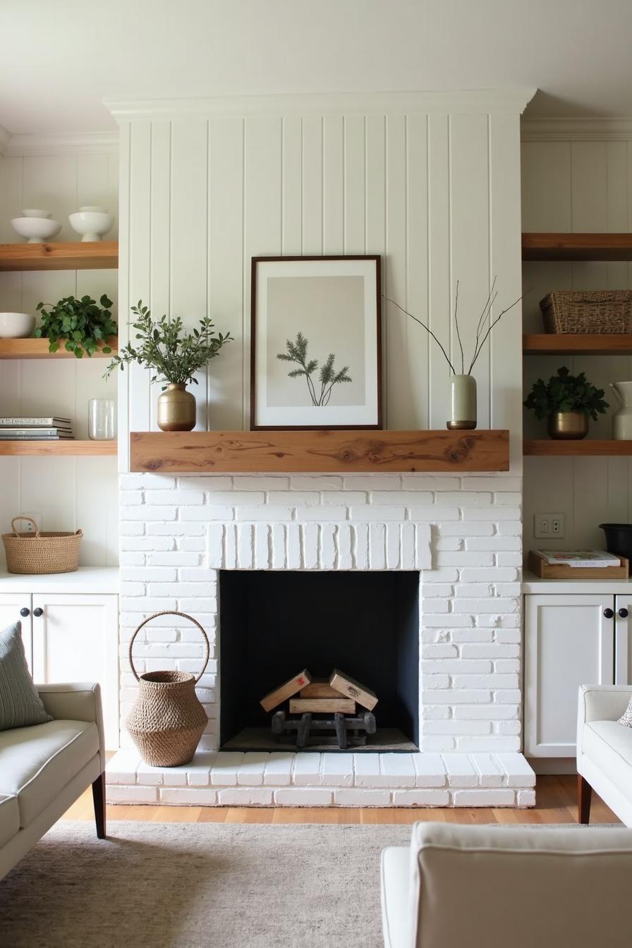 White brick fireplace with wooden mantel and decorative plants