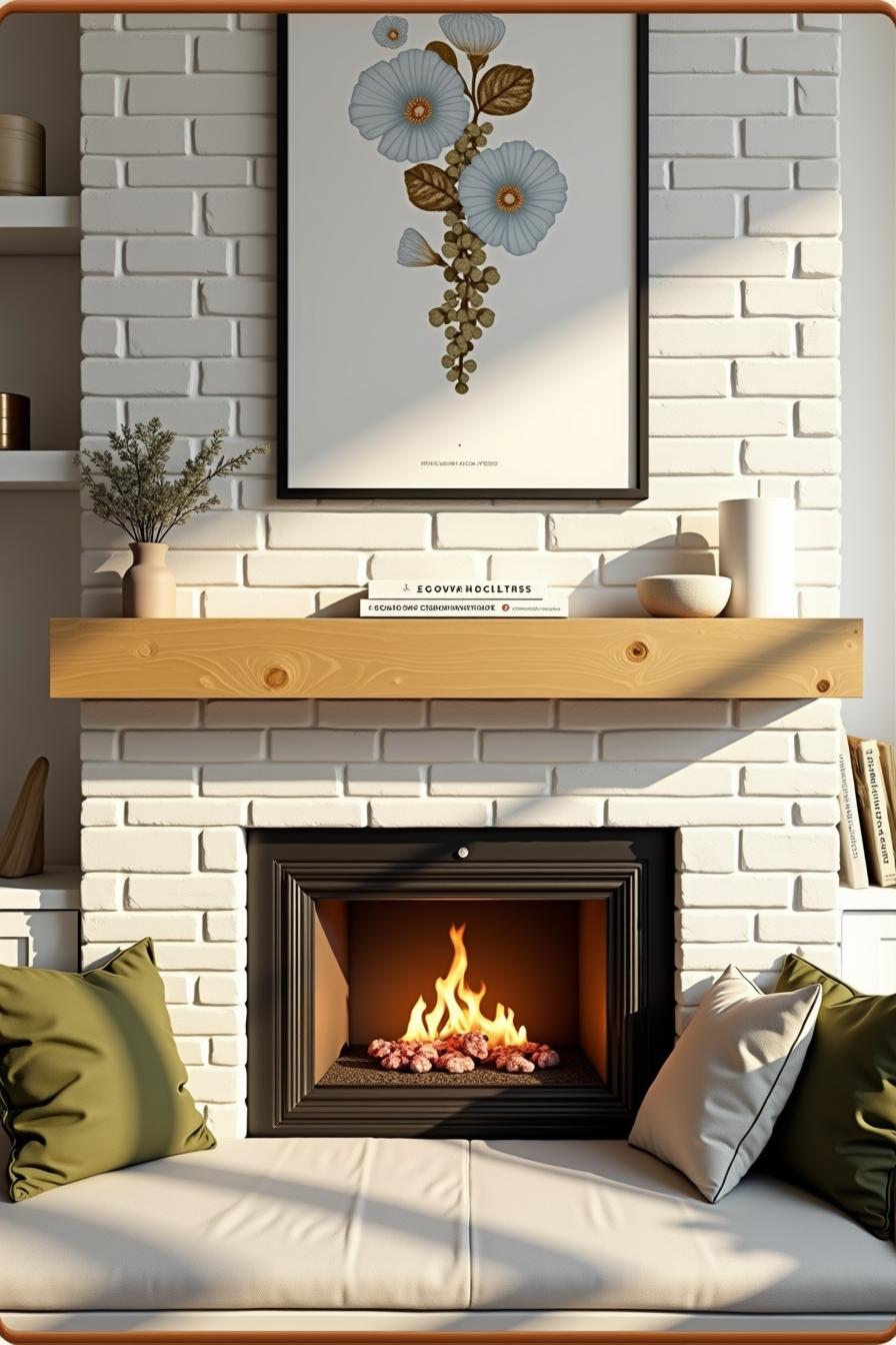 Cozy brick fireplace with wooden mantel and seating