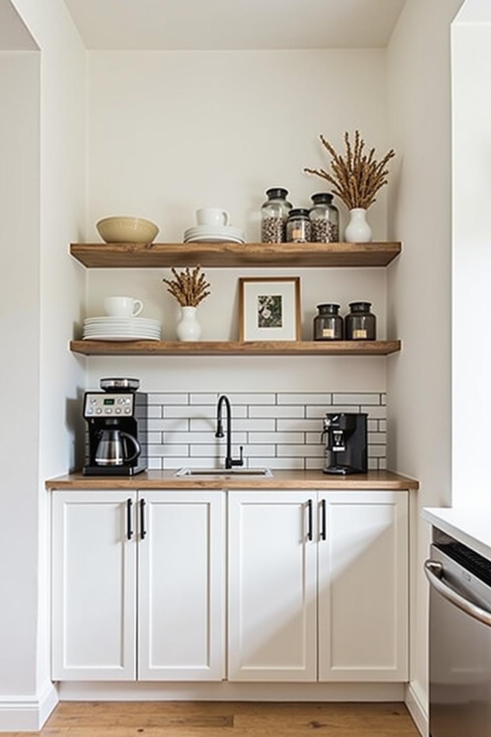 Compact kitchen coffee nook with stylish shelving