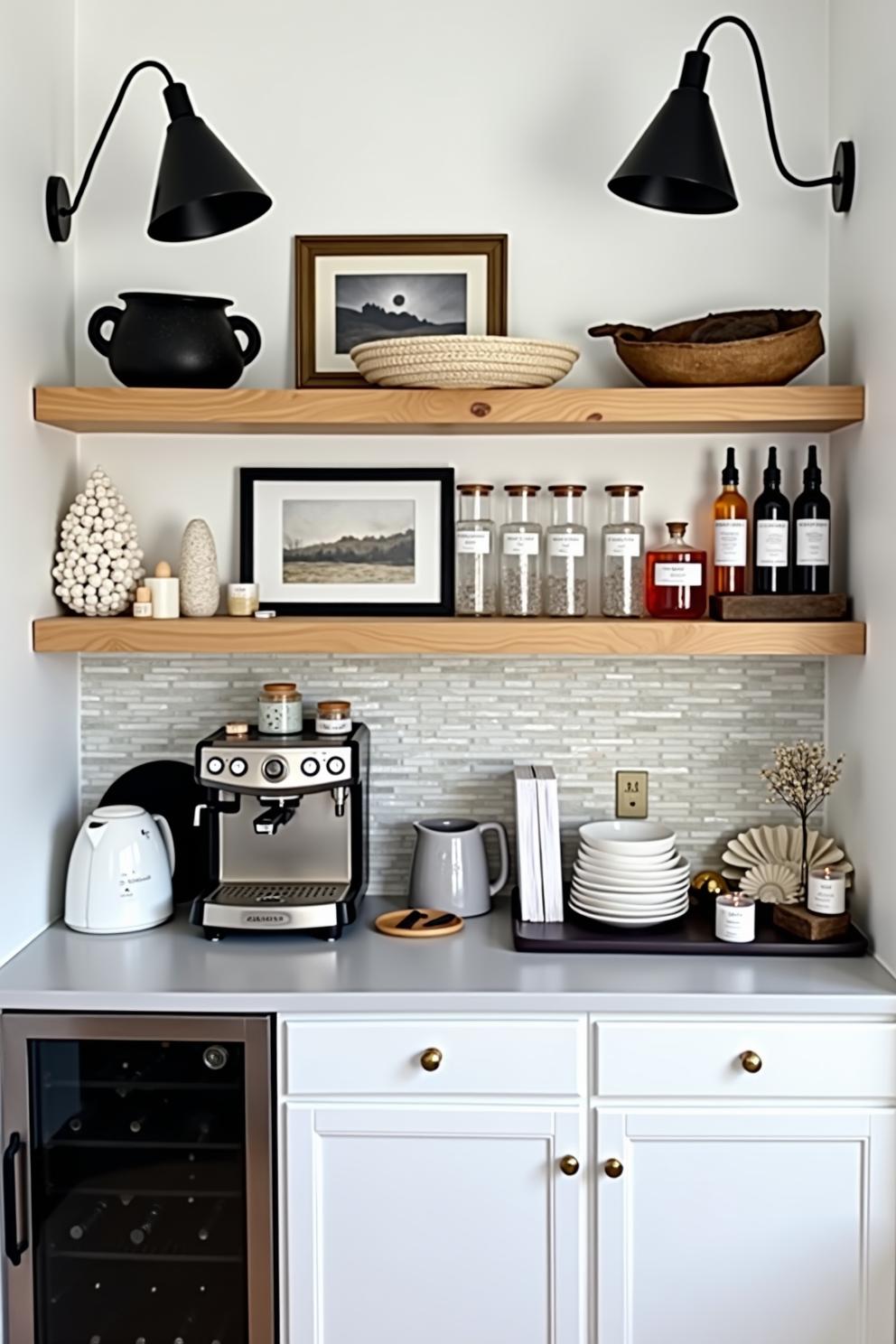 Cozy coffee corner with shelves, espresso machine, and mugs