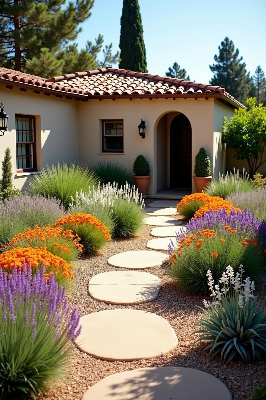 Pathway with colorful flowers leading to a Spanish-style house