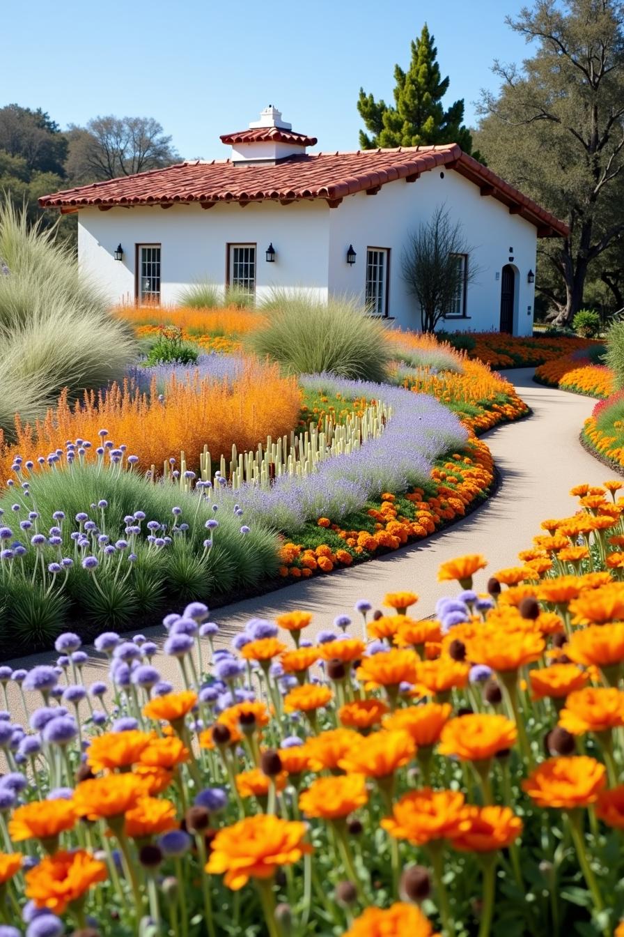 Colorful garden with bright flowers and a curved pathway leading to a white house