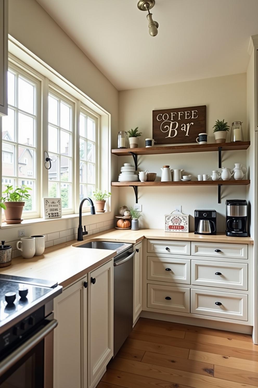 Modern kitchen coffee corner with shelves and decor