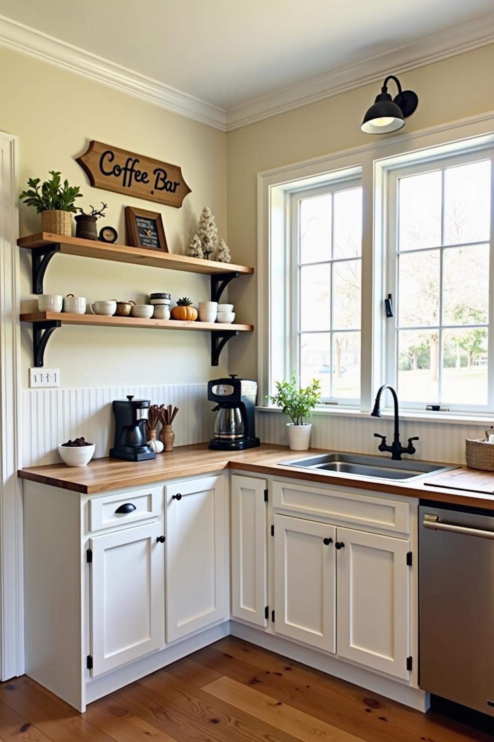 Charming coffee bar with wooden shelves and plants