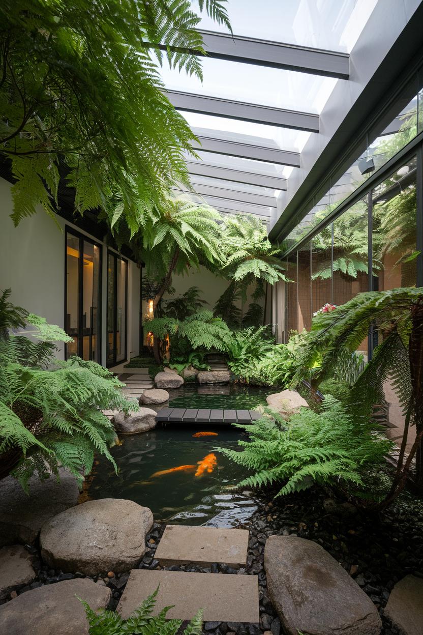 Modern indoor koi pond with lush greenery and stone accents