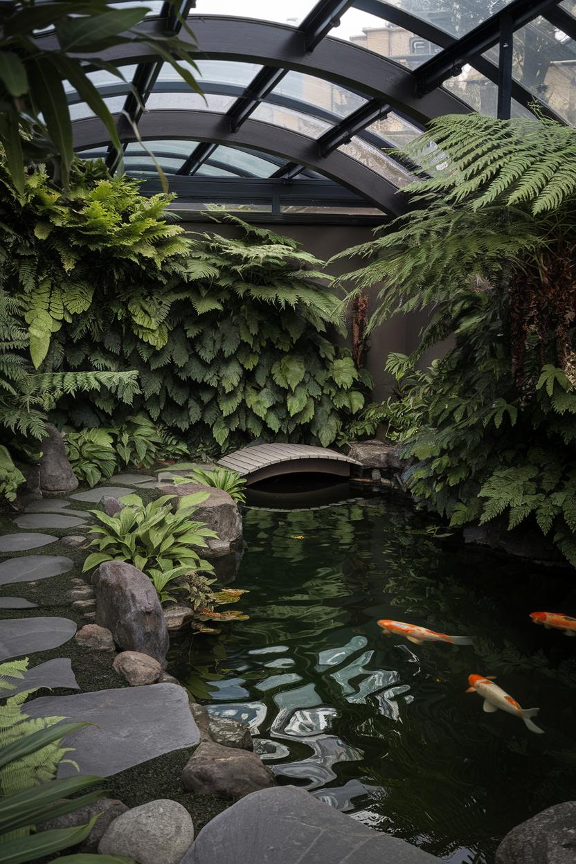 Koi pond under curved glass roof surrounded by lush ferns and stones