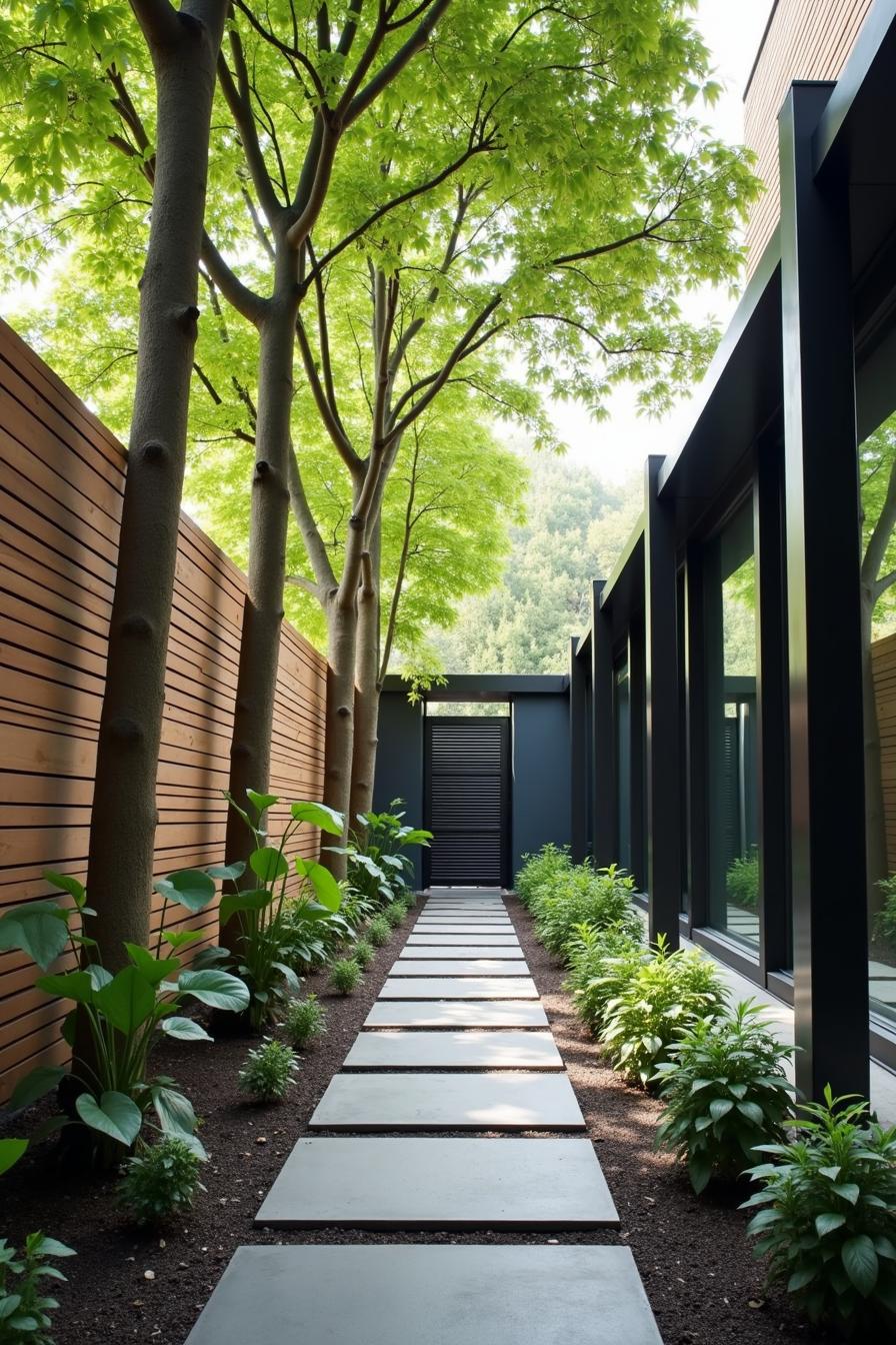 A sleek garden pathway lined with trees and plants, leading to a minimalist gate