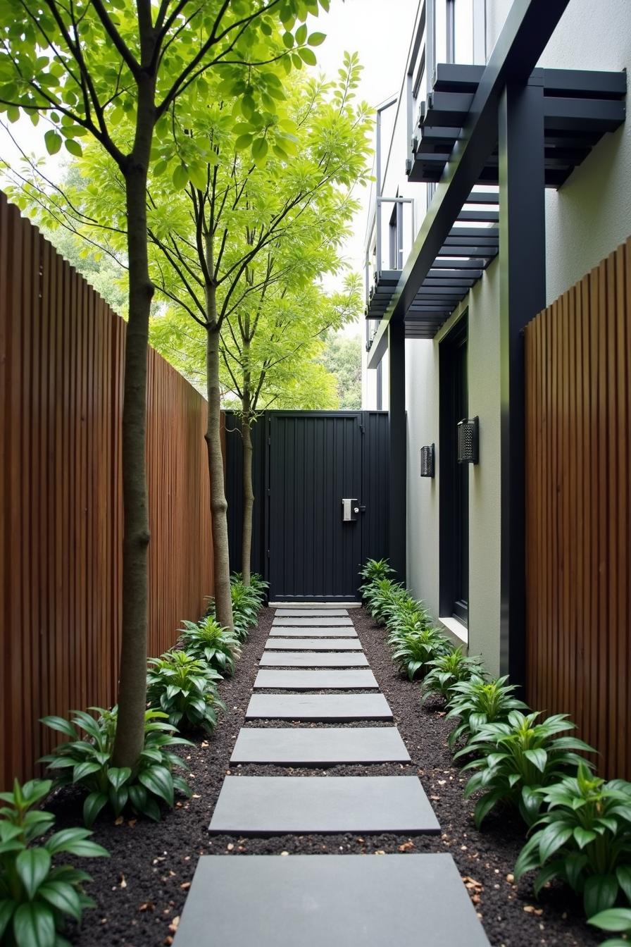 Modern metal garden gate with sleek pathway