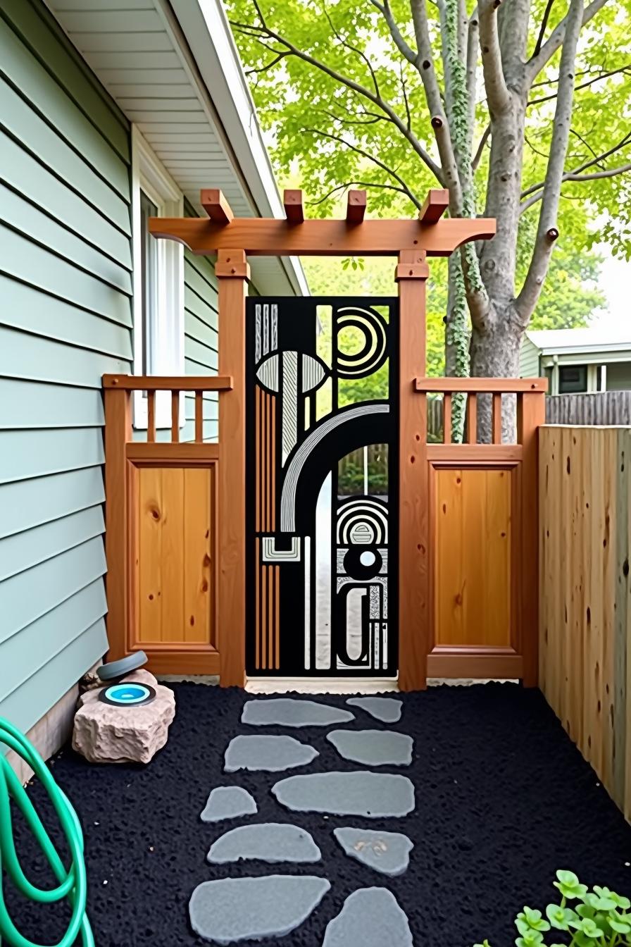 Artistic iron gate with wooden arbor