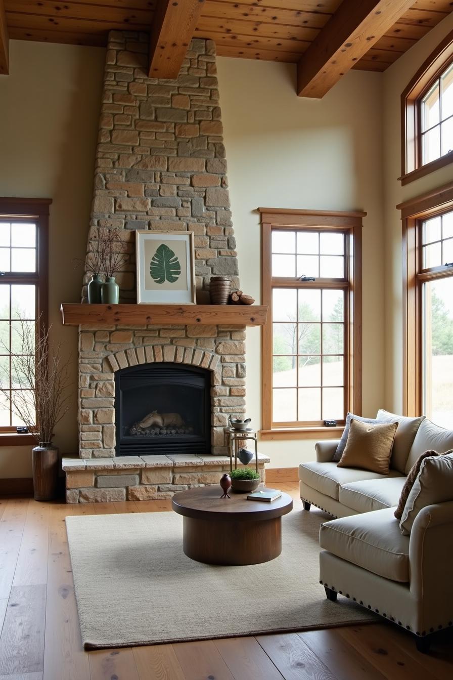 Rustic stone fireplace with wooden mantel and white sofa