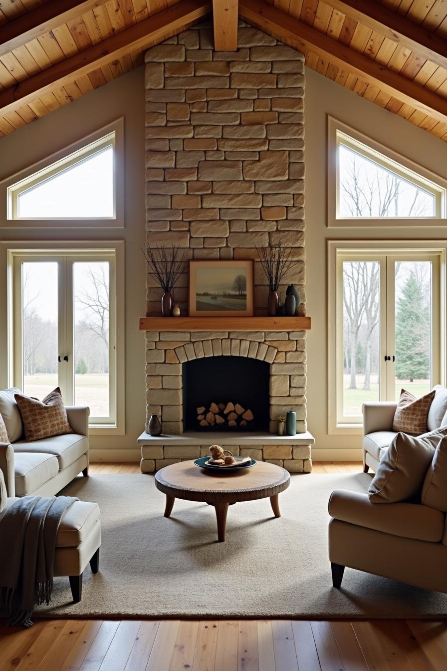 Cozy stone fireplace with wooden mantel