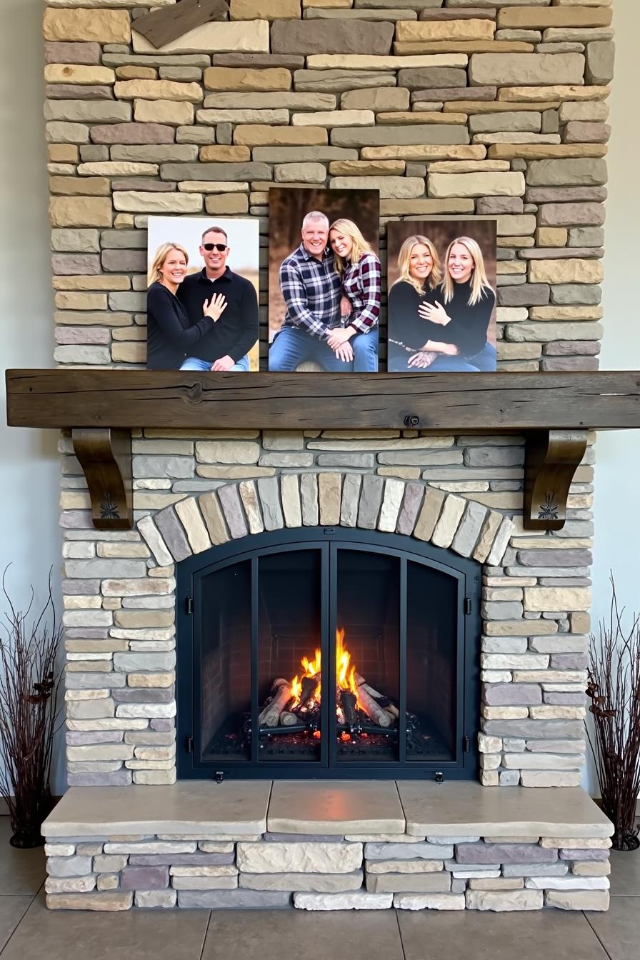 Stone fireplace with wooden mantel holding three framed photos