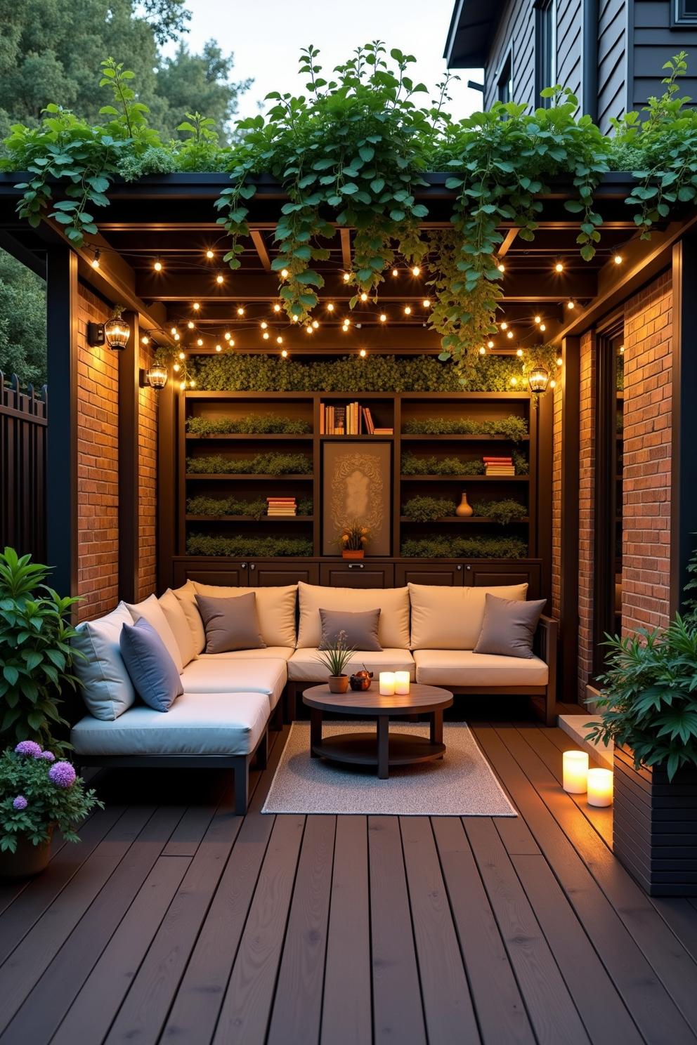 Cozy patio setup with string lights and lush greenery