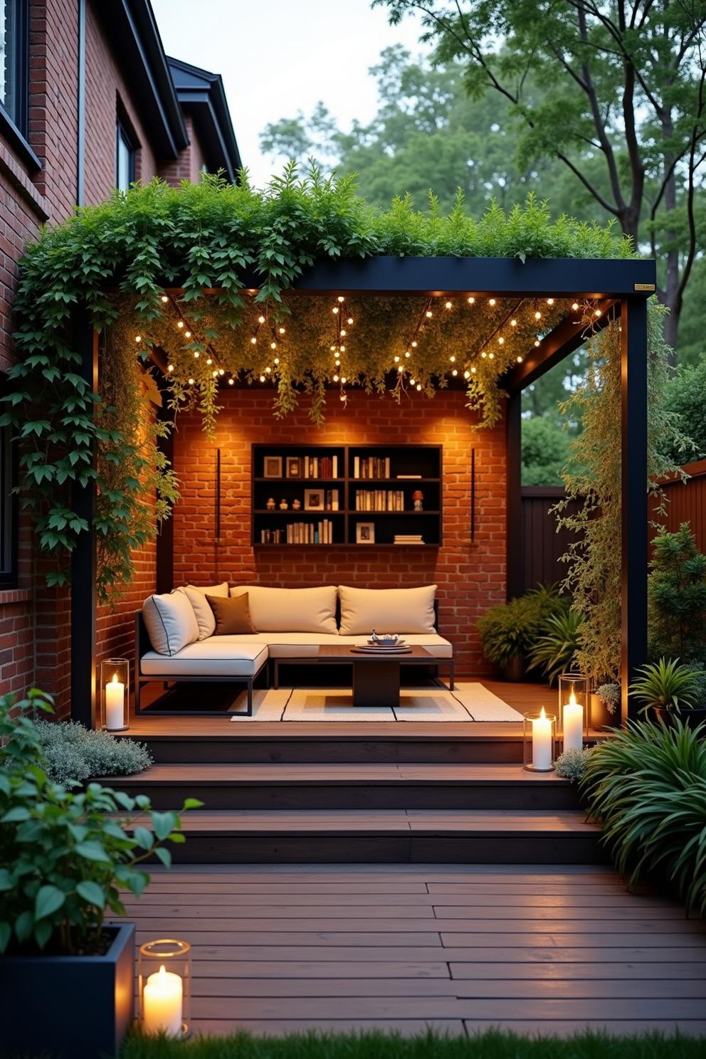 Brick patio with couch and string lights