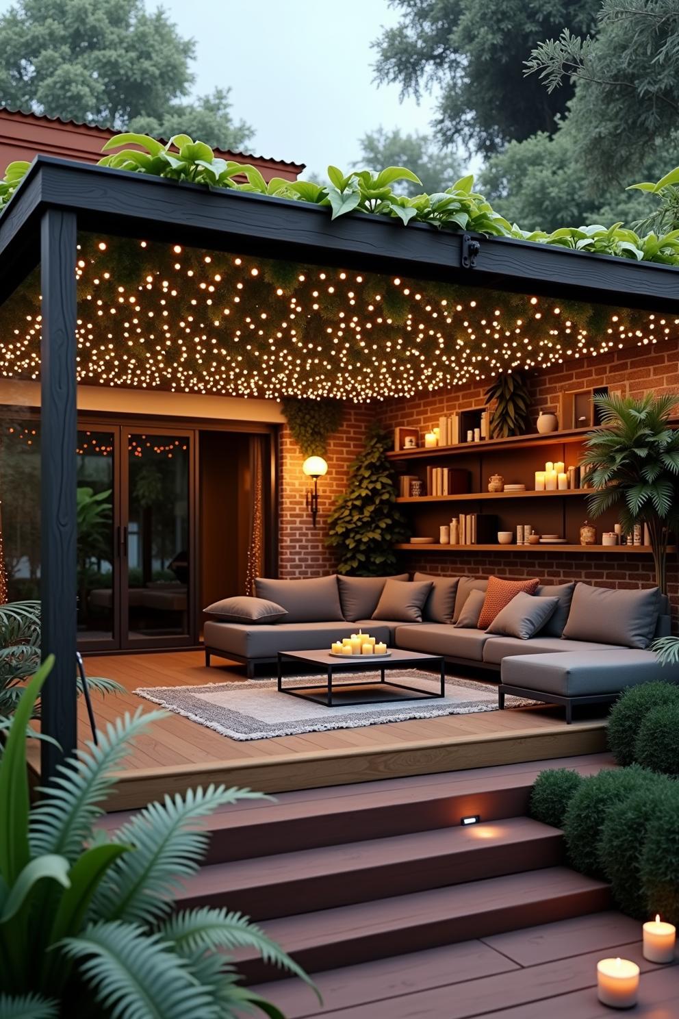 Outdoor lounge with sofa, candles, and string lights