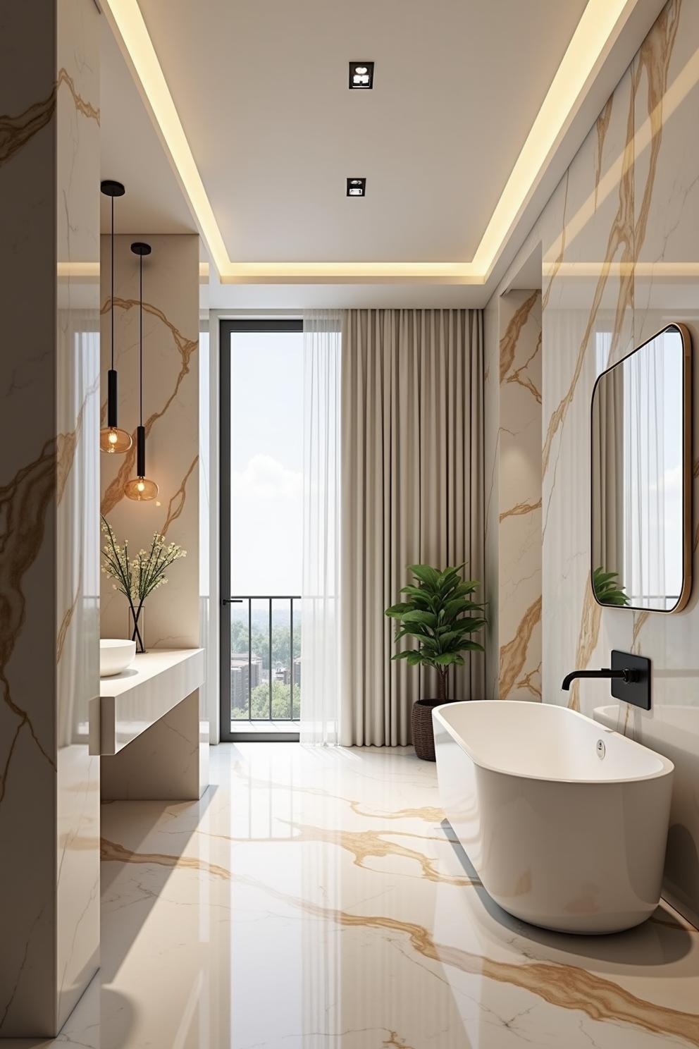 Elegant marble bathroom with a bathtub and large window