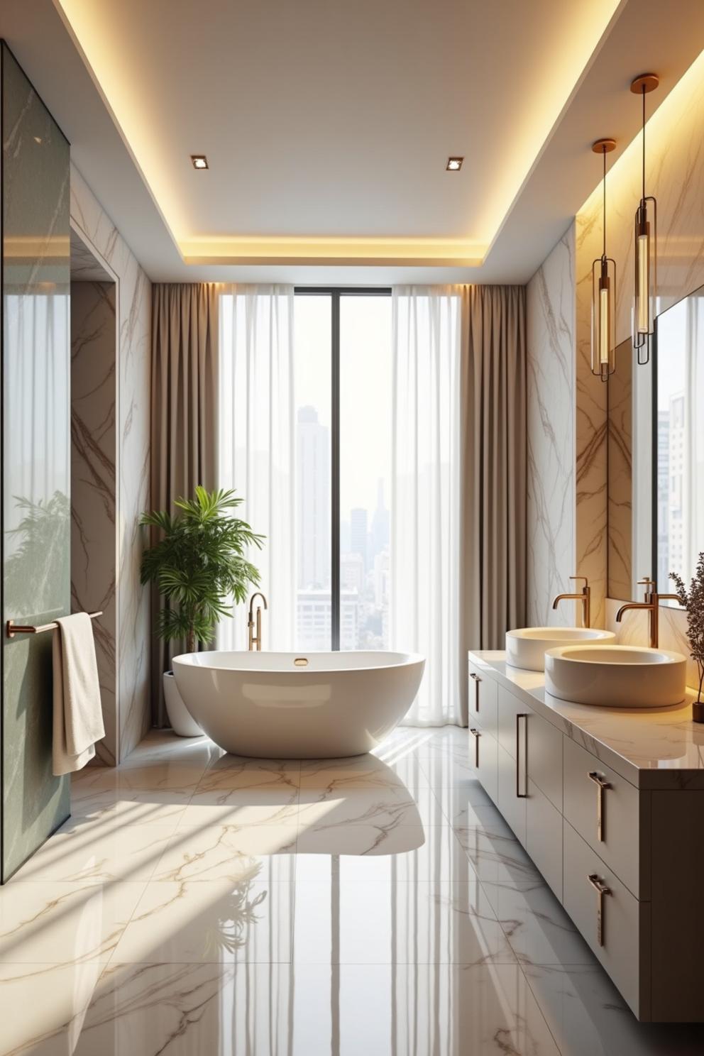 Luxurious marble bathroom with city view