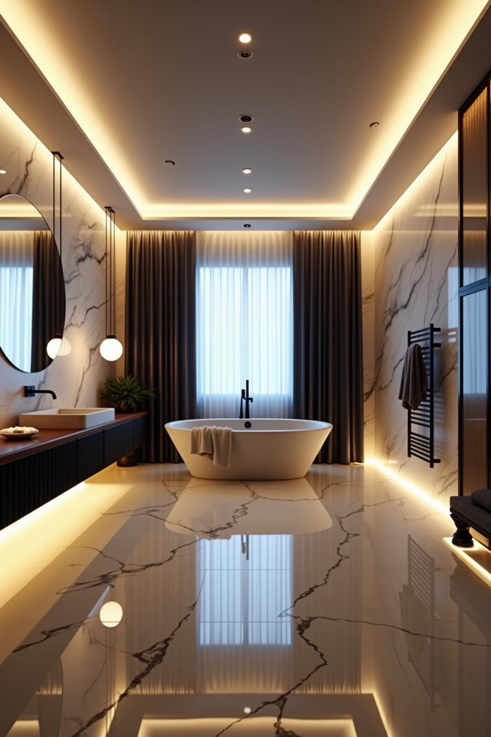 Luxurious bathroom with marble floors, free-standing tub, and warm lighting