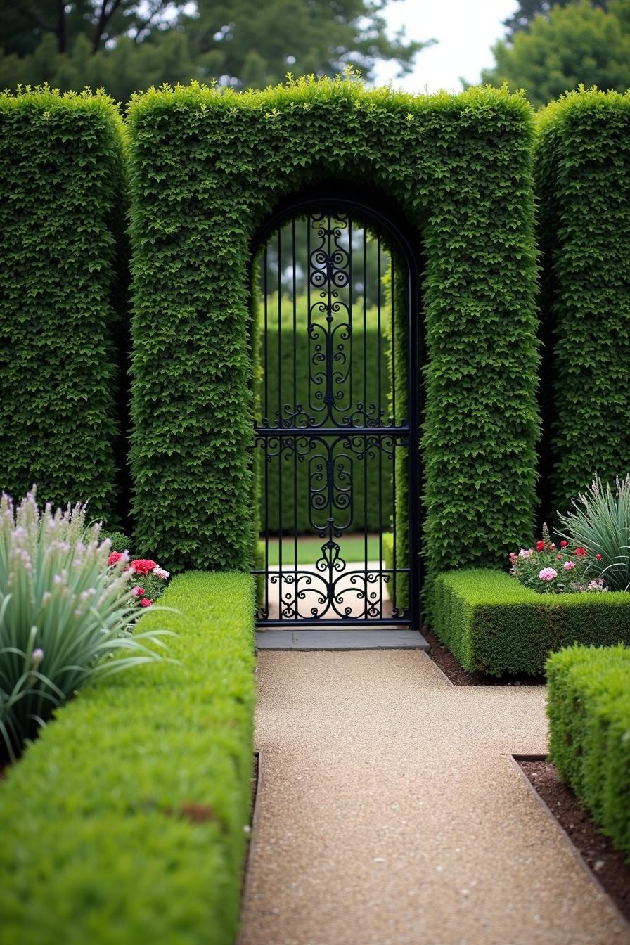 Elegant metal gate nestled in lush green hedges