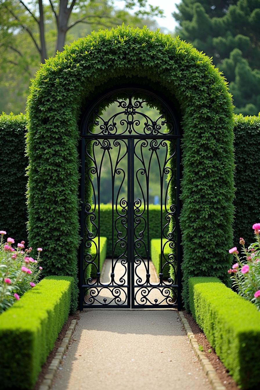 Elegant wrought iron gate wrapped in lush greenery