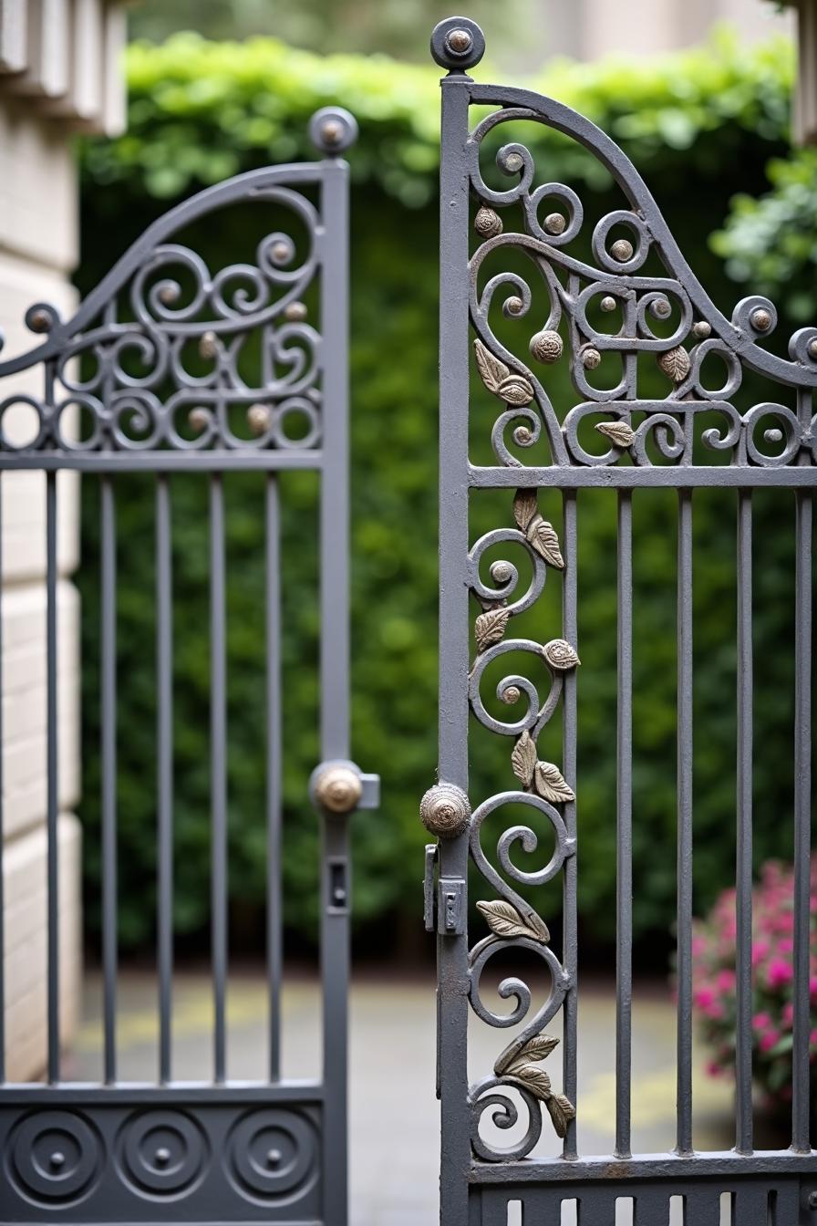 Decorative iron gate with swirling patterns and foliage design