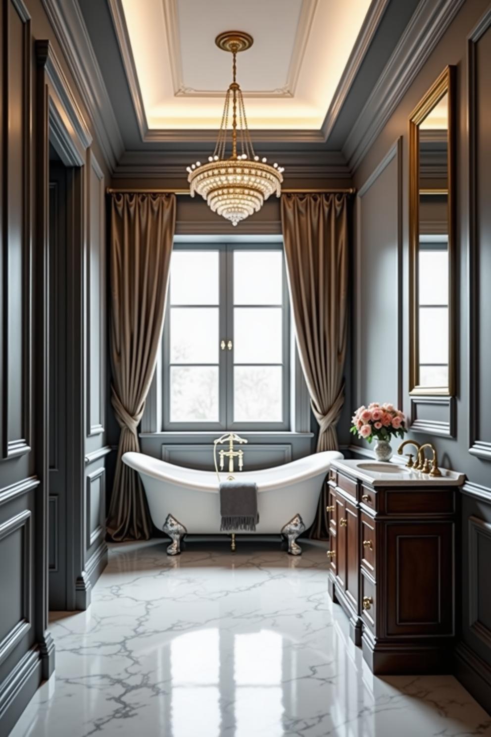 Luxurious bathroom with large tub, chandelier, and elegant decor