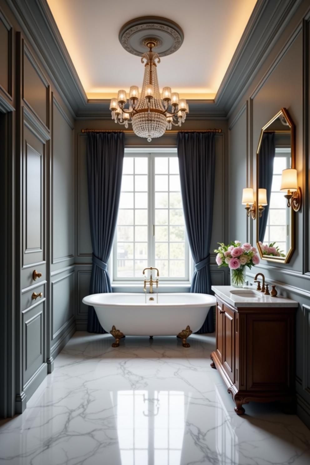 Luxurious bathroom with chandelier and standalone tub