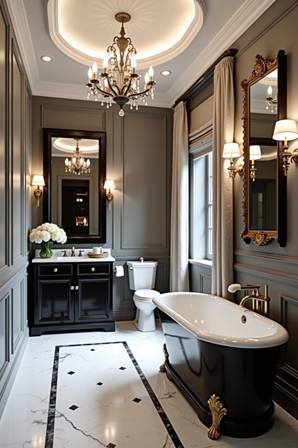 Luxurious bathroom with chandelier and freestanding tub