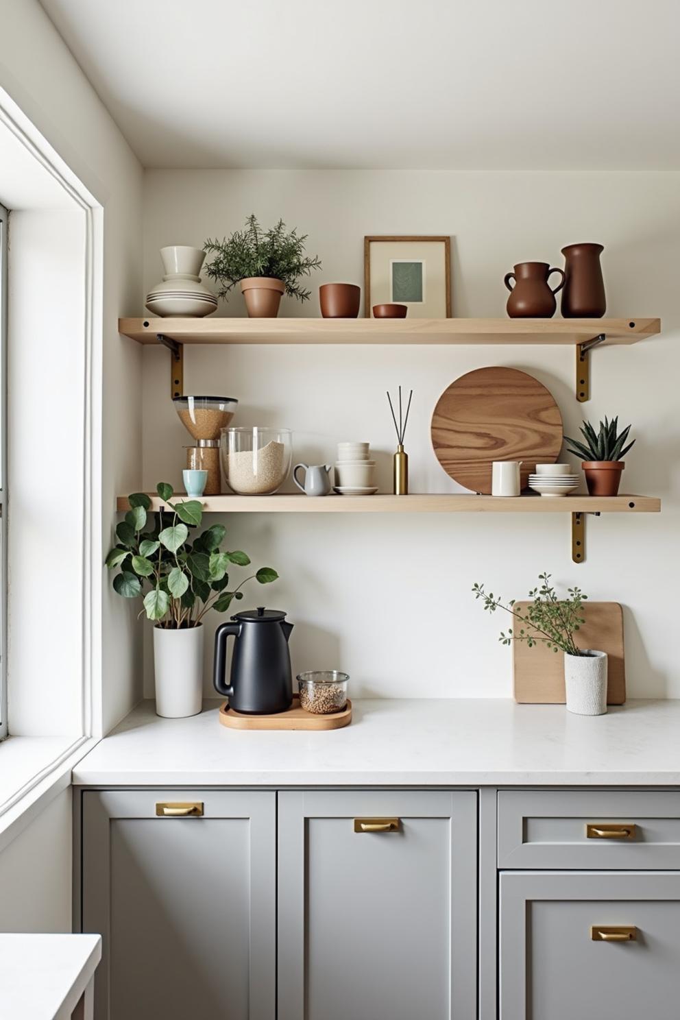 Minimalist kitchen corner with open shelves and coffee essentials